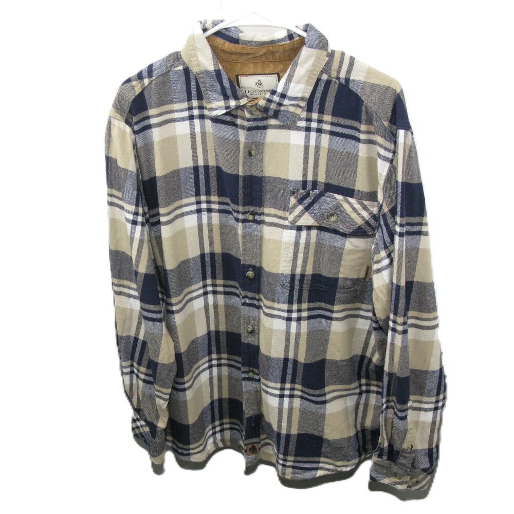 Legendary Whitetails Navy Blue/Tan Plaid Flannel Button Front Shirt Size Large